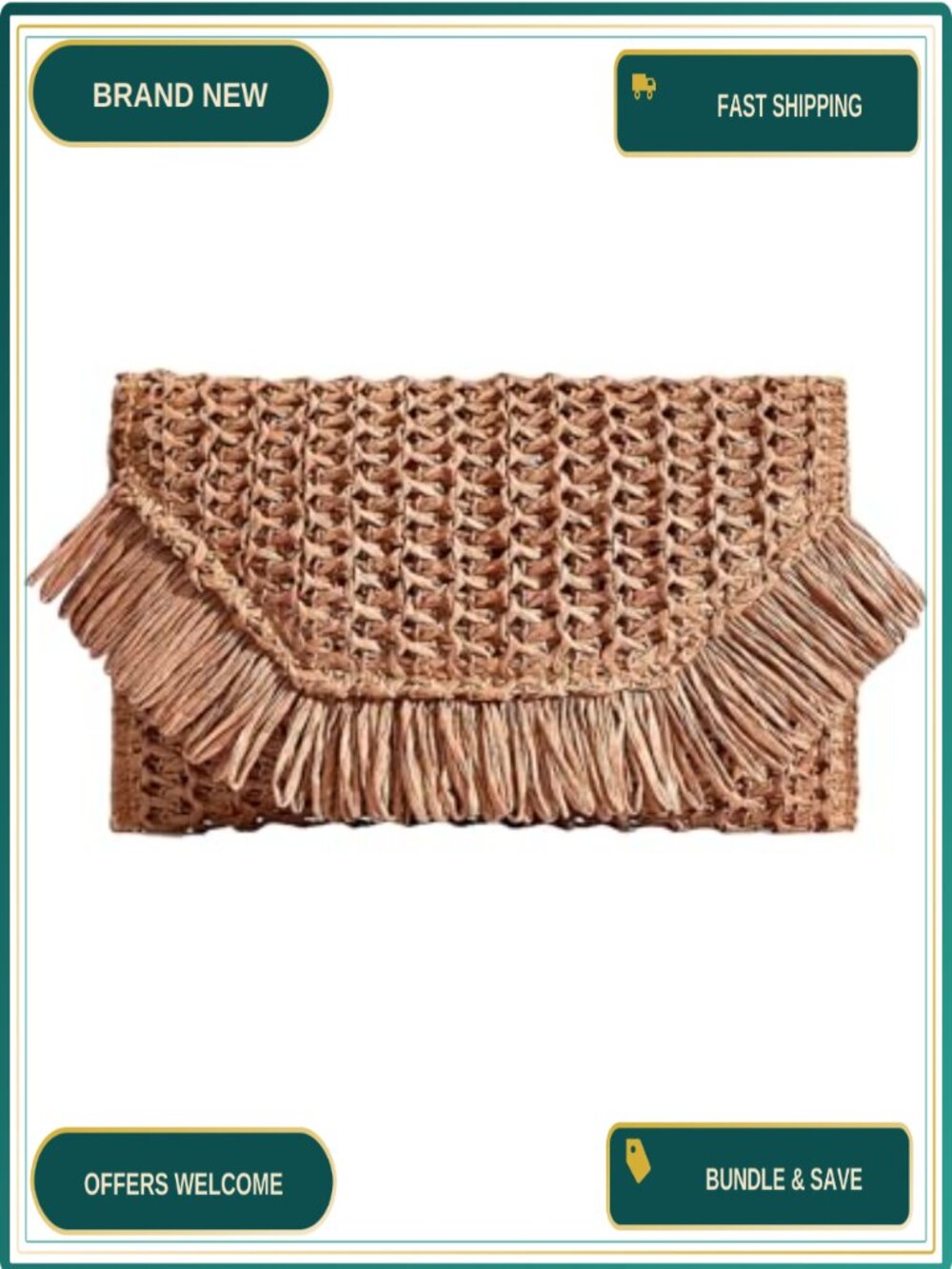 Woven Straw Envelope Fringe Trim Clutch Beach Purse